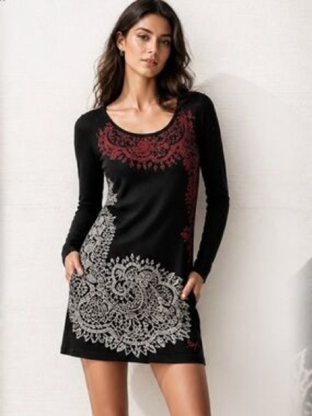 Desigual Black Long Sleeve Scoop Dress with Red and White Paisley Patterns